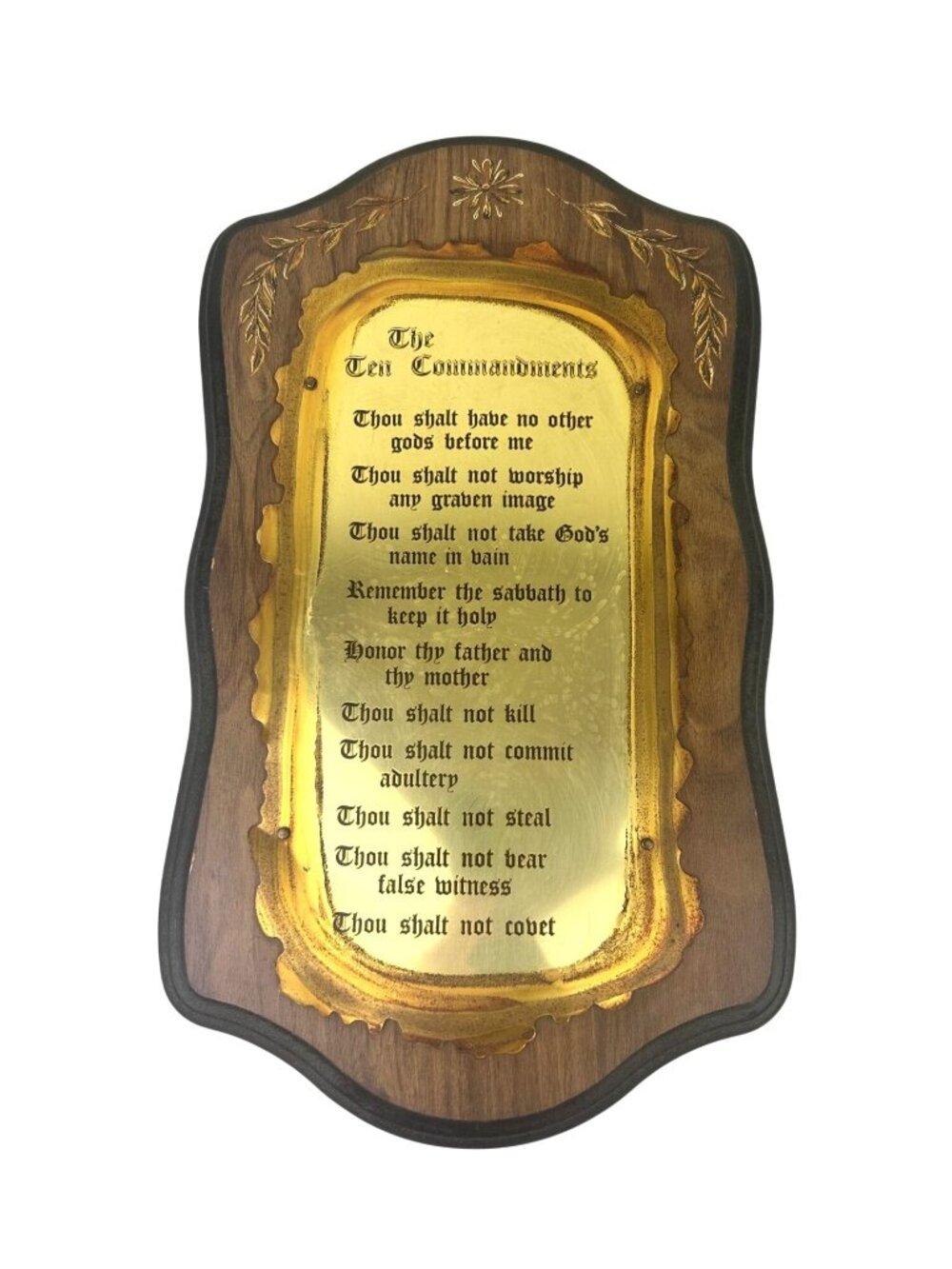 Brass Etched 10 Commandments Wall Plaque Wooden Scallop VTG Religious Bible MCM